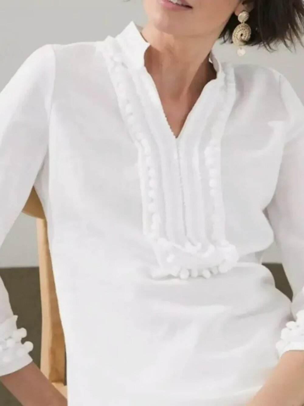 CHICO'S Linen-Blend Kurta Tunic Blouse White Pom-Pom Trim 3/4 Sleeve Size 2 - Picture 12 of 12